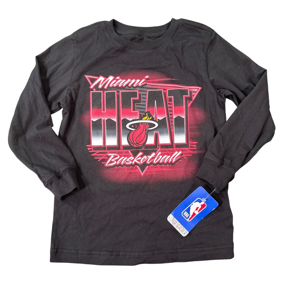 NBA Boys Miami Heat Basketball Black Graphic Long Sleeve T-Shirt Size XS 4/5